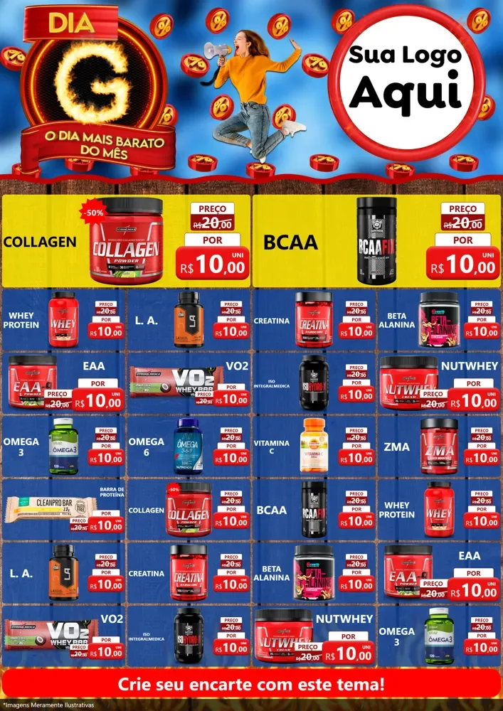 Modelo de Encarte para Encarte A4 Vertical com o tema Dia G - O Dia Mais Barato Do Mês para Suplementos alimentares