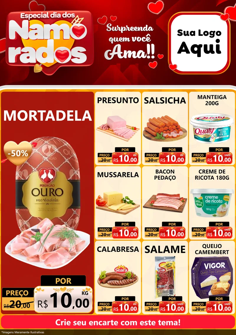 Modelo de Encarte para Encarte A4 Vertical com o tema Especial Dia dos Namorados para Frios e Laticínios