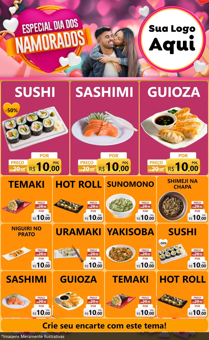 Modelo de Encarte para Encarte Grande com o tema Especial Dia dos Namorados para Comida japonesa