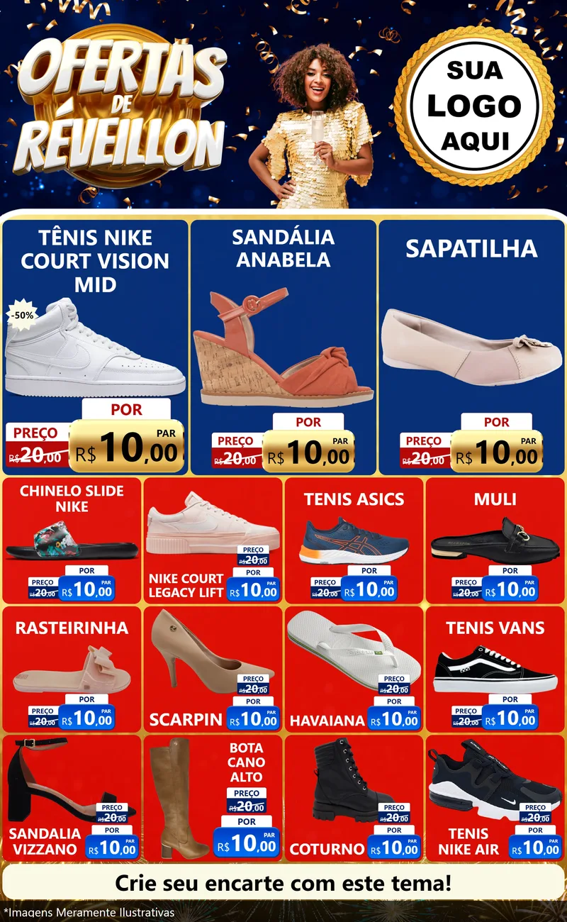 Modelo de Encarte para Encarte Grande com o tema Ofertas de Réveillon para Calçados