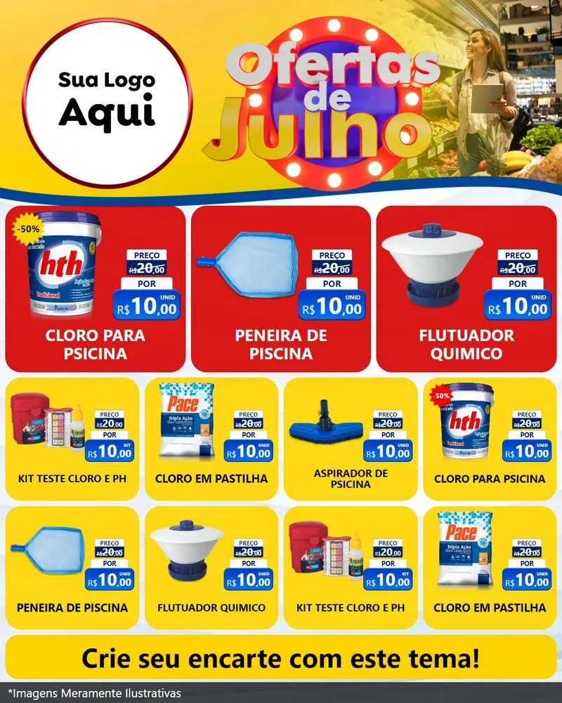 Modelo de Rede Social para Feed Instagram com o tema Ofertas de Julho para Produtos para Piscina