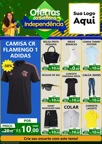 Modelo de Encarte para Encarte A4 Vertical com o tema Ofertas da Semana da Independência para Roupas e acessórios