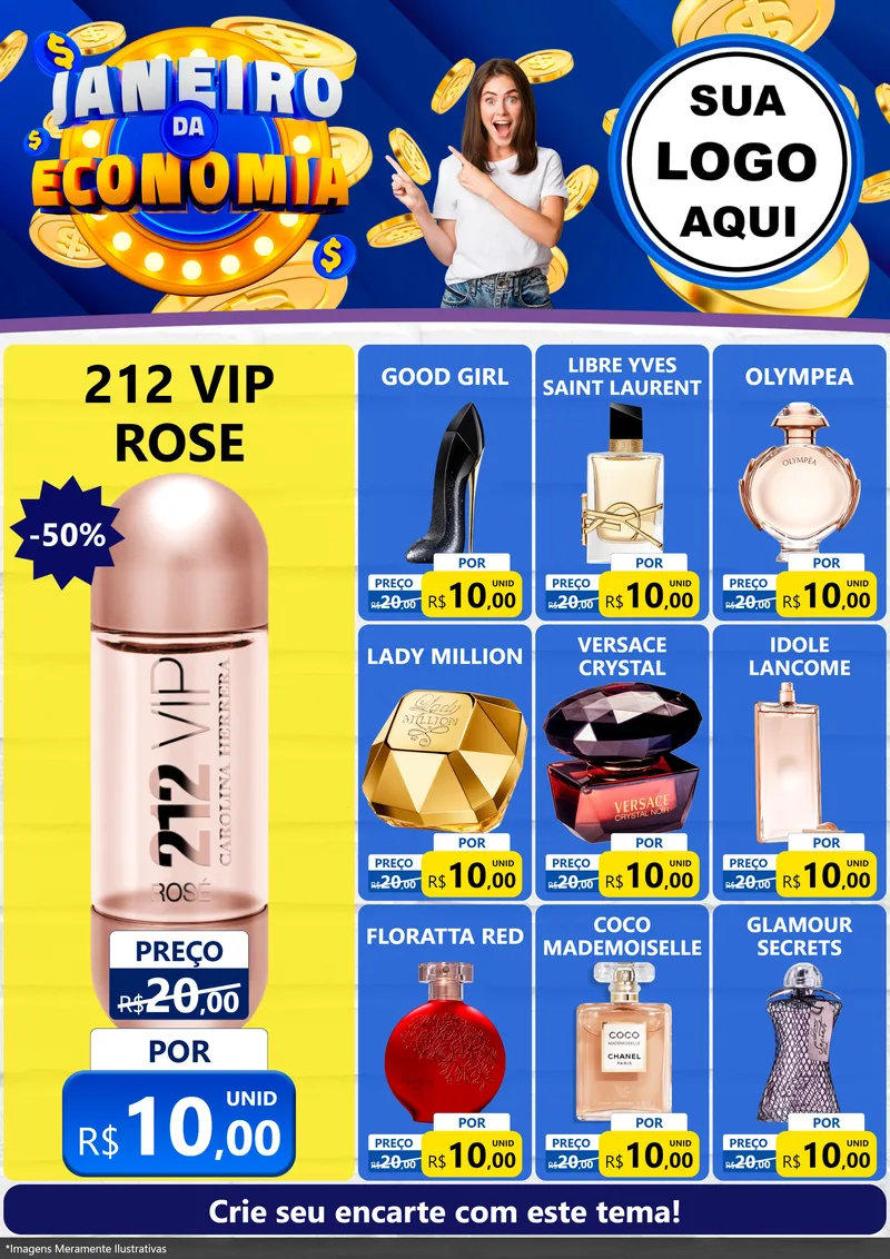 Modelo de Encarte para Encarte A4 Vertical com o tema Janeiro da Economia para Perfumes
