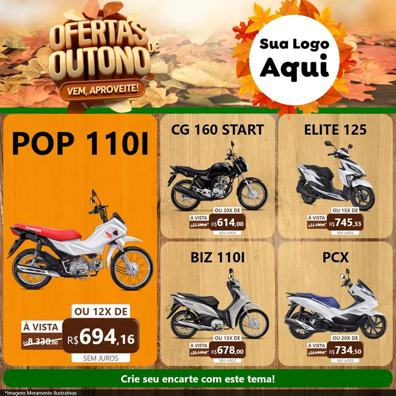 Modelo de Rede Social para Feed Facebook com o tema Ofertas de Outono - Vem, Aproveite! para Concessionaria de Motos