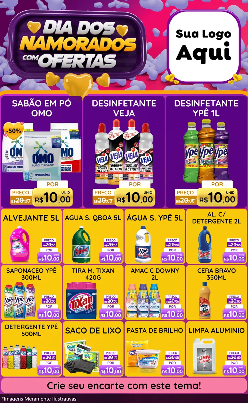 Modelo de Encarte para Encarte Grande com o tema Dia Dos Namorados Com Ofertas para Produtos de Limpeza