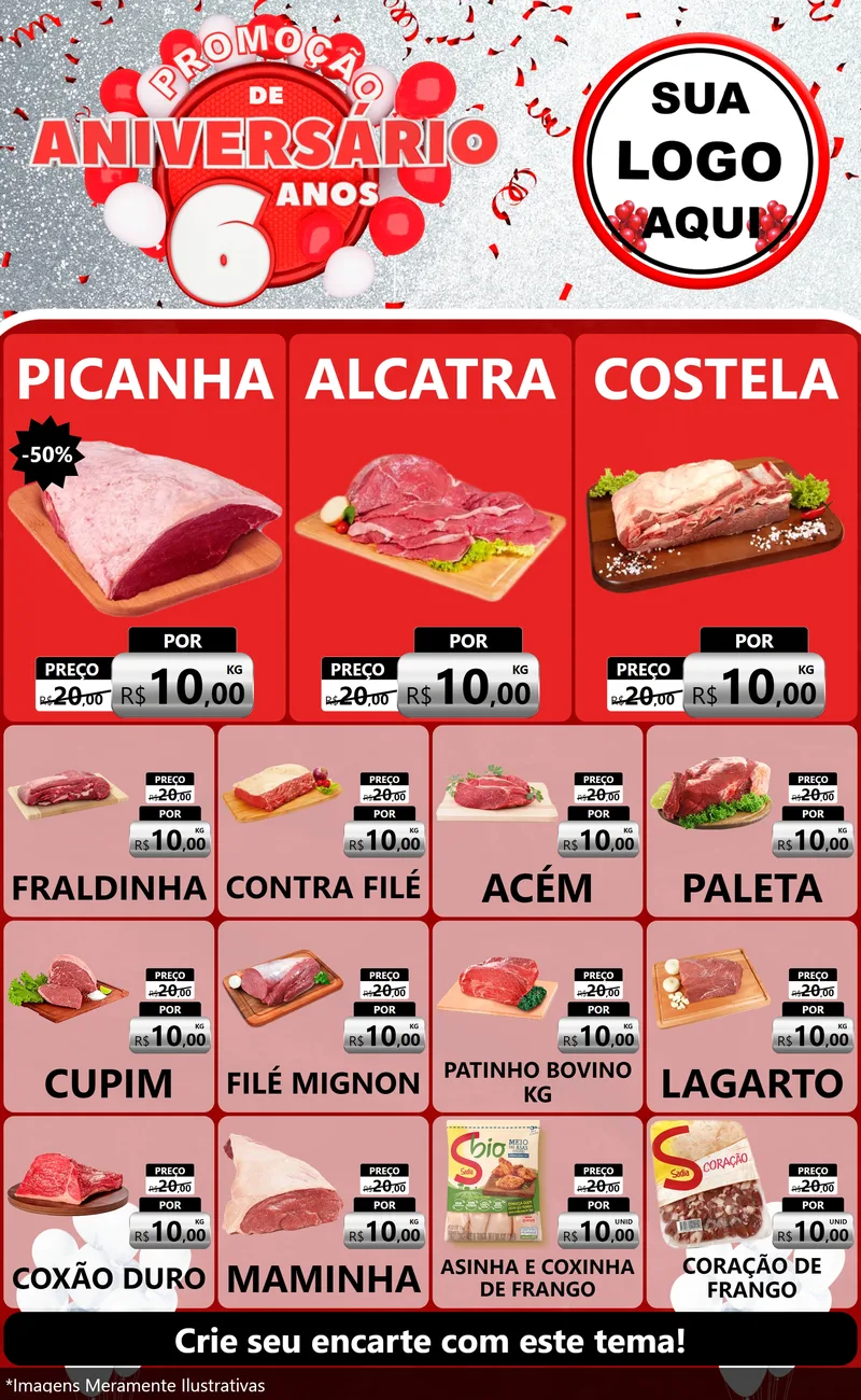Modelo de Encarte para Encarte Grande com o tema Promoção de Aniversário - 6 Anos para Açougue