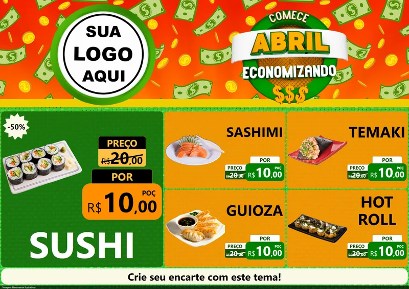 Modelo de Encarte para Encarte A4 Horizontal com o tema Comece Abril Economizando para Comida japonesa