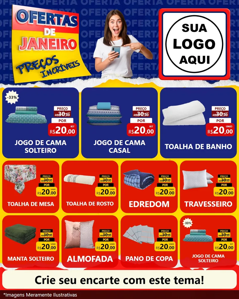 Modelo de Rede Social para Feed Instagram com o tema Ofertas de Janeiro - Preços Incríveis para Cama, Mesa e Banho
