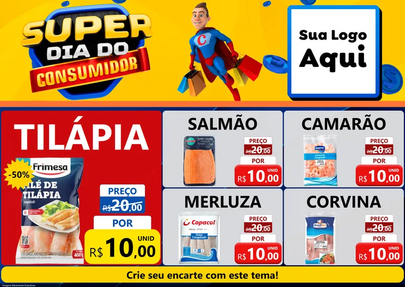 Modelo de Encarte para Encarte A4 Horizontal com o tema Super Dia do Consumidor para Peixaria
