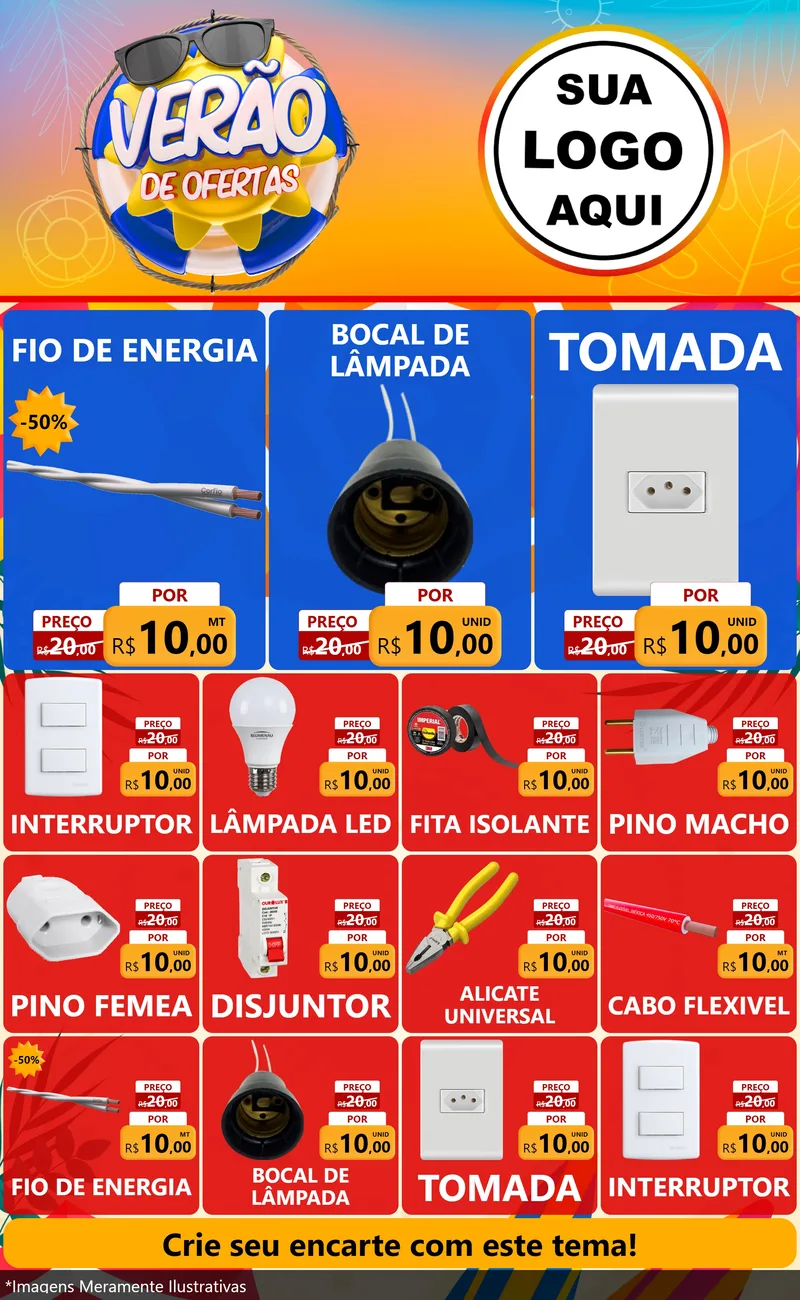 Modelo de Encarte para Encarte Grande com o tema Verão de Ofertas para Materiais Elétricos