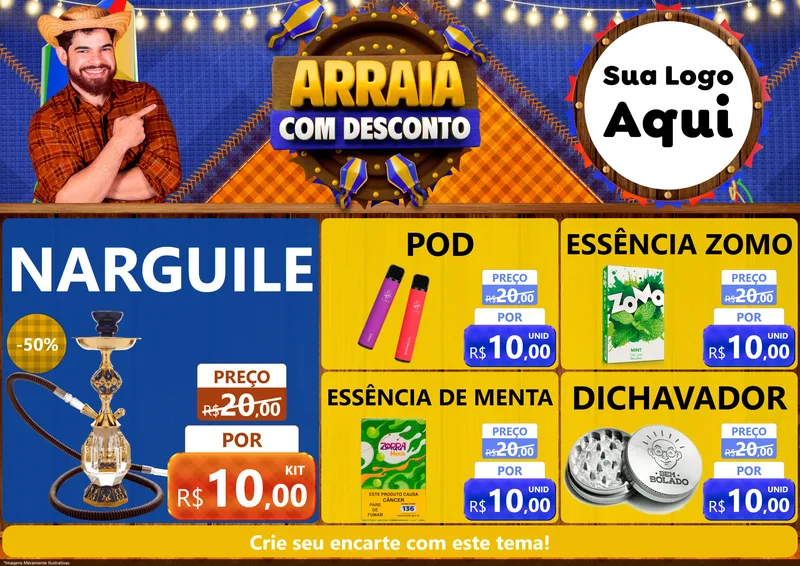 Modelo de Encarte para Encarte A4 Horizontal com o tema Arraiá Com Desconto para Tabacaria