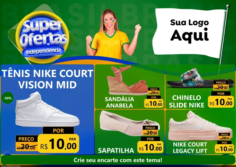 Modelo de Encarte para Encarte A4 Horizontal com o tema Super Ofertas de Independência para Calçados