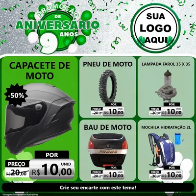 Modelo de Rede Social para Feed Facebook com o tema Promoção de Aniversário - 9 Anos para Moto peças