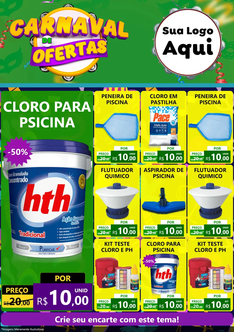 Modelo de Encarte para Encarte A4 Vertical com o tema Carnaval de Ofertas para Produtos para Piscina