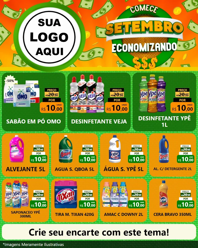 Modelo de Rede Social para Feed Instagram com o tema Comece Setembro Economizando para Produtos de Limpeza