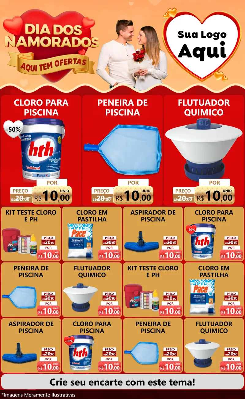 Modelo de Encarte para Encarte Grande com o tema Dia dos Namorados - Aqui Tem Ofertas para Produtos para Piscina