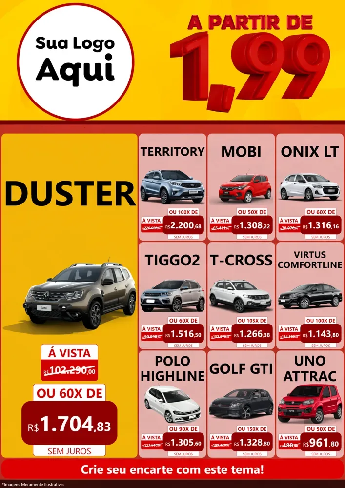 Modelo de Encarte para Encarte A4 Vertical com o tema A Partir de Um e Noventa e Nove - 1,99 para Concessionaria de Carros