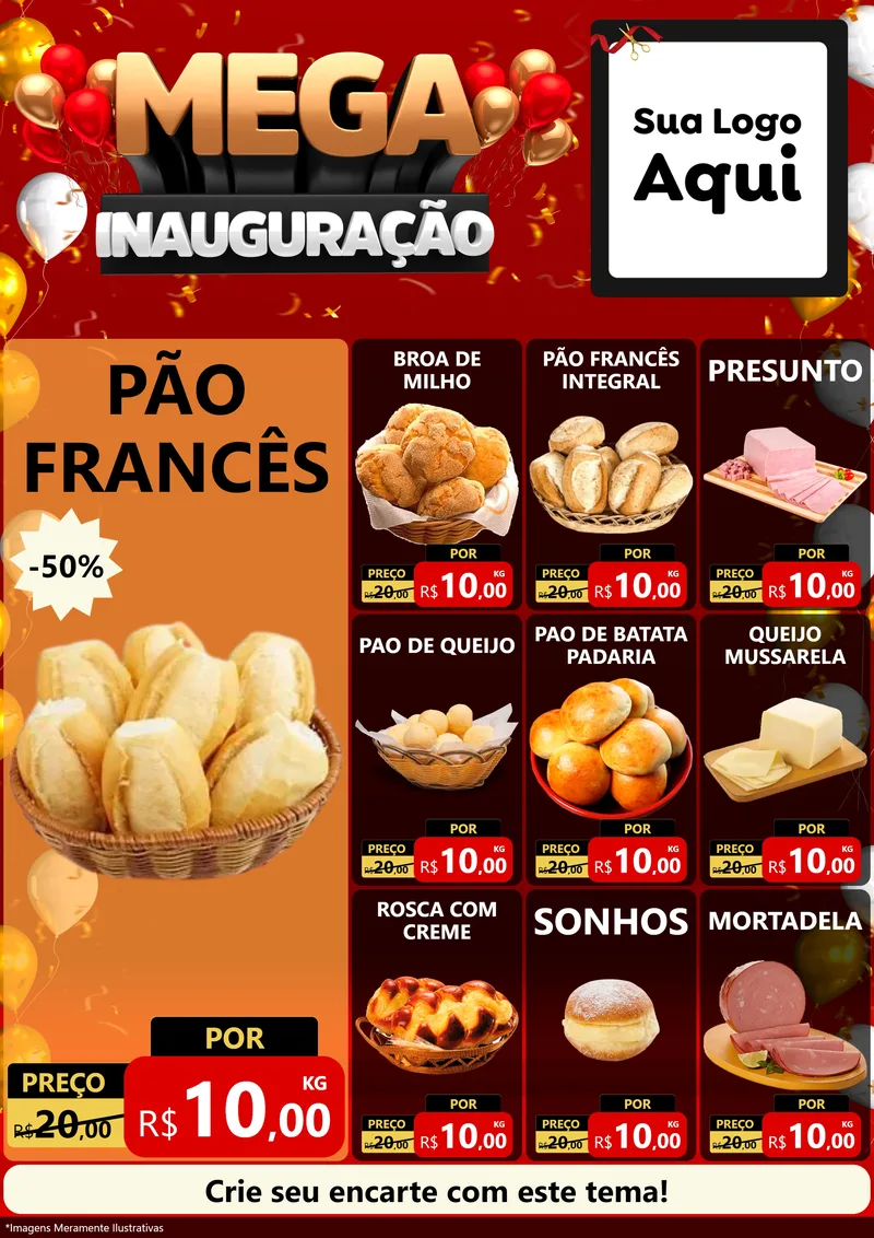 Modelo de Encarte para Encarte A4 Vertical com o tema Mega Inauguração para Padaria