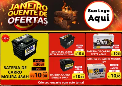 Modelo de Encarte para Encarte A4 Horizontal com o tema Janeiro Quente de Ofertas para Baterias Elétricas