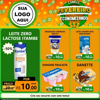 Modelo de Rede Social para Feed Facebook com o tema Comece Fevereiro Economizando para Frios e Laticínios