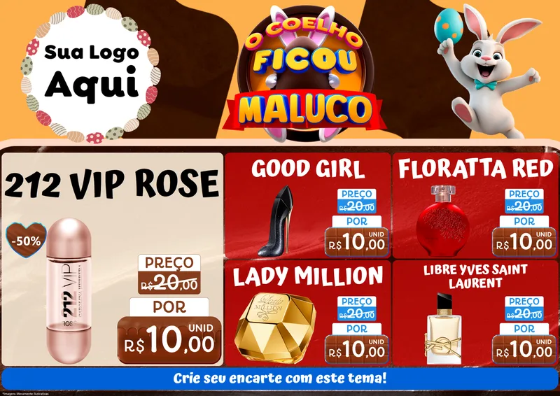 Modelo de Encarte para Encarte A4 Horizontal com o tema O Coelho Ficou Maluco - Páscoa para Perfumes