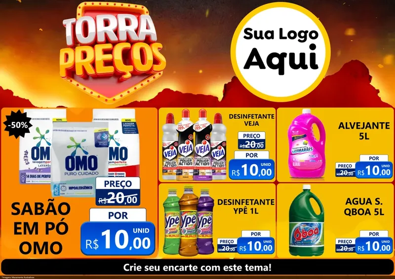 Modelo de Encarte para Encarte A4 Horizontal com o tema Torra Preços para Produtos de Limpeza