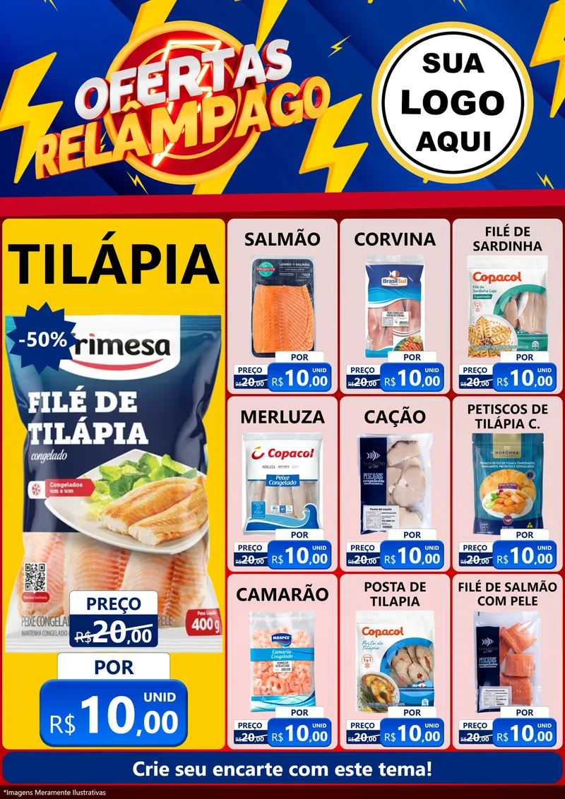 Modelo de Encarte para Encarte A4 Vertical com o tema Ofertas Relâmpago para Peixaria