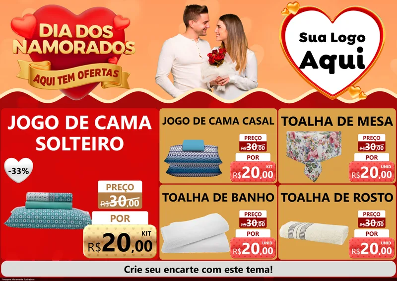 Modelo de Encarte para Encarte A4 Horizontal com o tema Dia dos Namorados - Aqui Tem Ofertas para Cama, Mesa e Banho