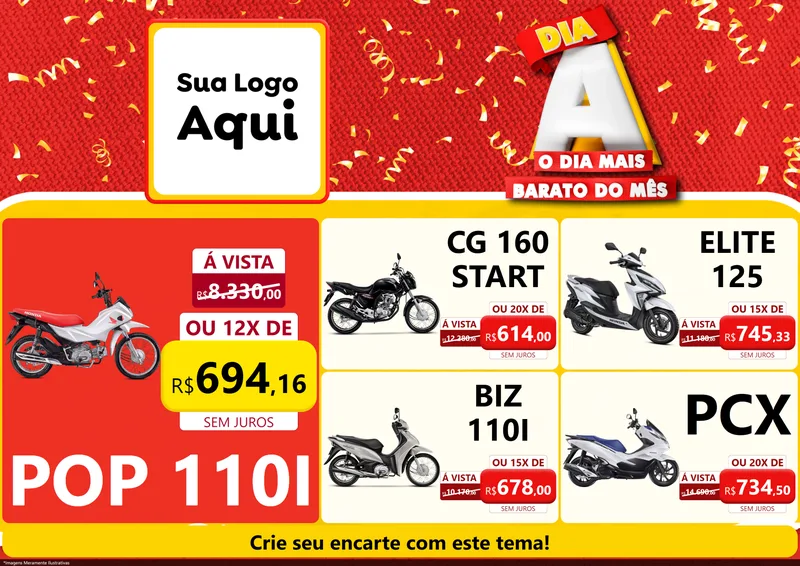 Modelo de Encarte para Encarte A4 Horizontal com o tema Dia A o Dia Mais Barato do Mês para Concessionaria de Motos