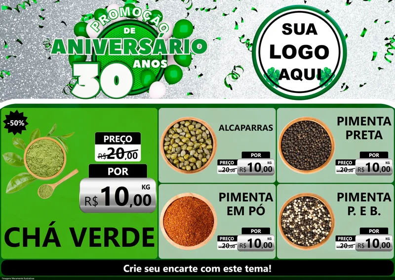 Modelo de Encarte para Encarte A4 Horizontal com o tema Promoção de Aniversário - 30 Anos para Produtos Naturais
