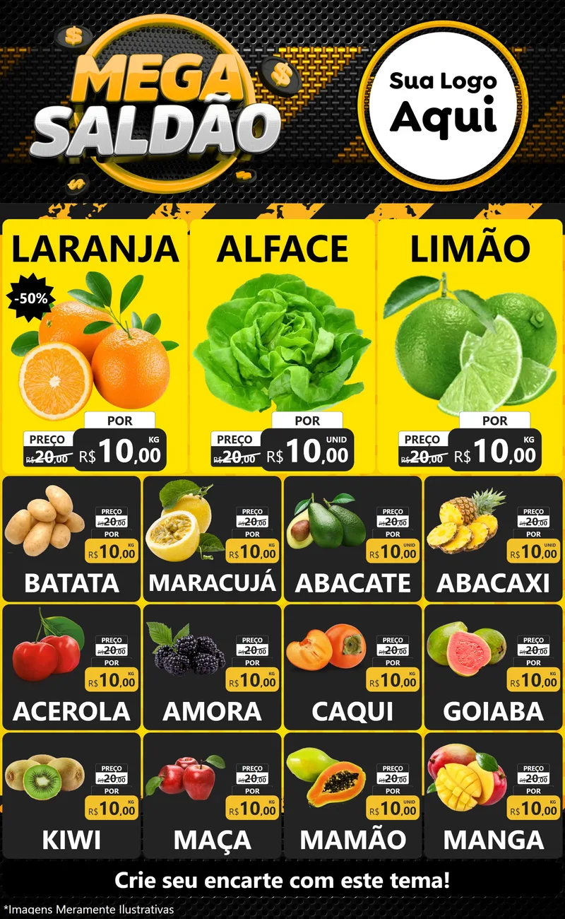 Modelo de Encarte para Encarte Grande com o tema Mega Saldão para Hortifrúti
