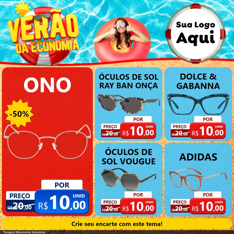 Modelo de Rede Social para Feed Facebook com o tema Verão da Economia para Óticas