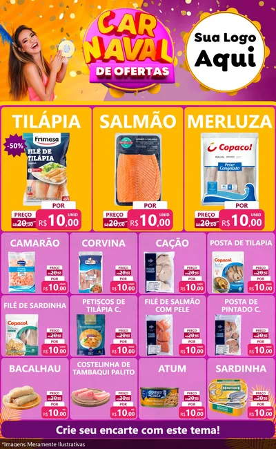 Modelo de Encarte para Encarte Grande com o tema Carnaval de Ofertas para Peixaria