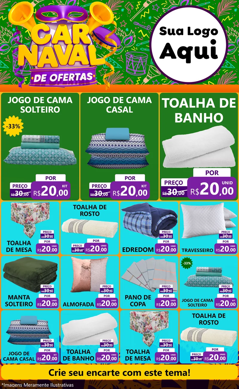 Modelo de Encarte para Encarte Grande com o tema Carnaval de Ofertas para Cama, Mesa e Banho