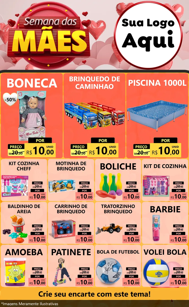 Modelo de Encarte para Encarte Grande com o tema Semana das Mães para Brinquedos