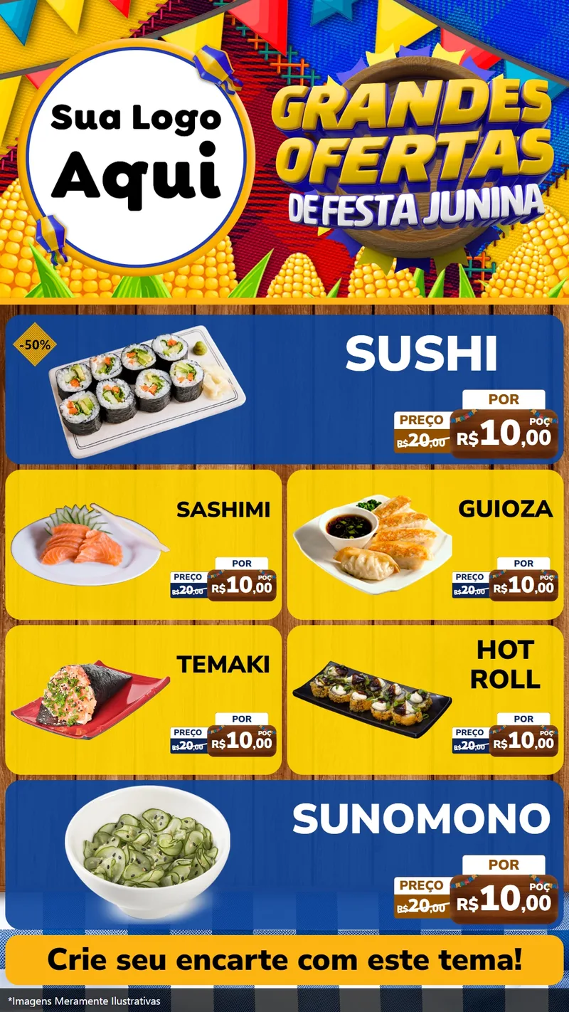 Modelo de TV para TV Vertical com o tema Grandes Ofertas de Festa Junina para Comida japonesa