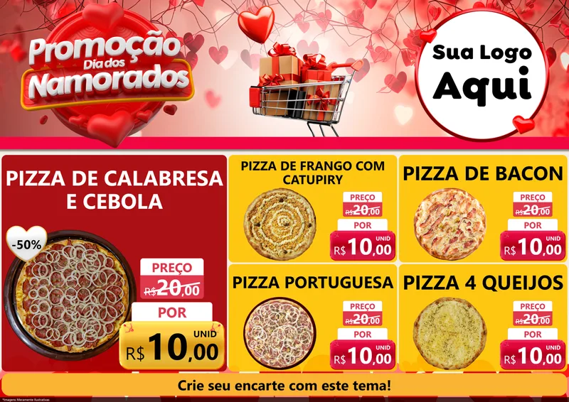 Modelo de Encarte para Encarte A4 Horizontal com o tema Promoção Dia dos Namorados para Pizzaria
