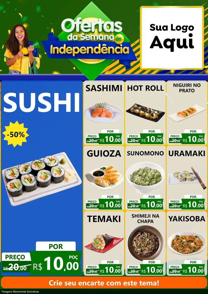 Modelo de Encarte para Encarte A4 Vertical com o tema Ofertas da Semana da Independência para Comida japonesa