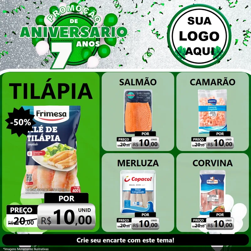 Modelo de Rede Social para Feed Facebook com o tema Promoção de Aniversário - 7 Anos para Peixaria