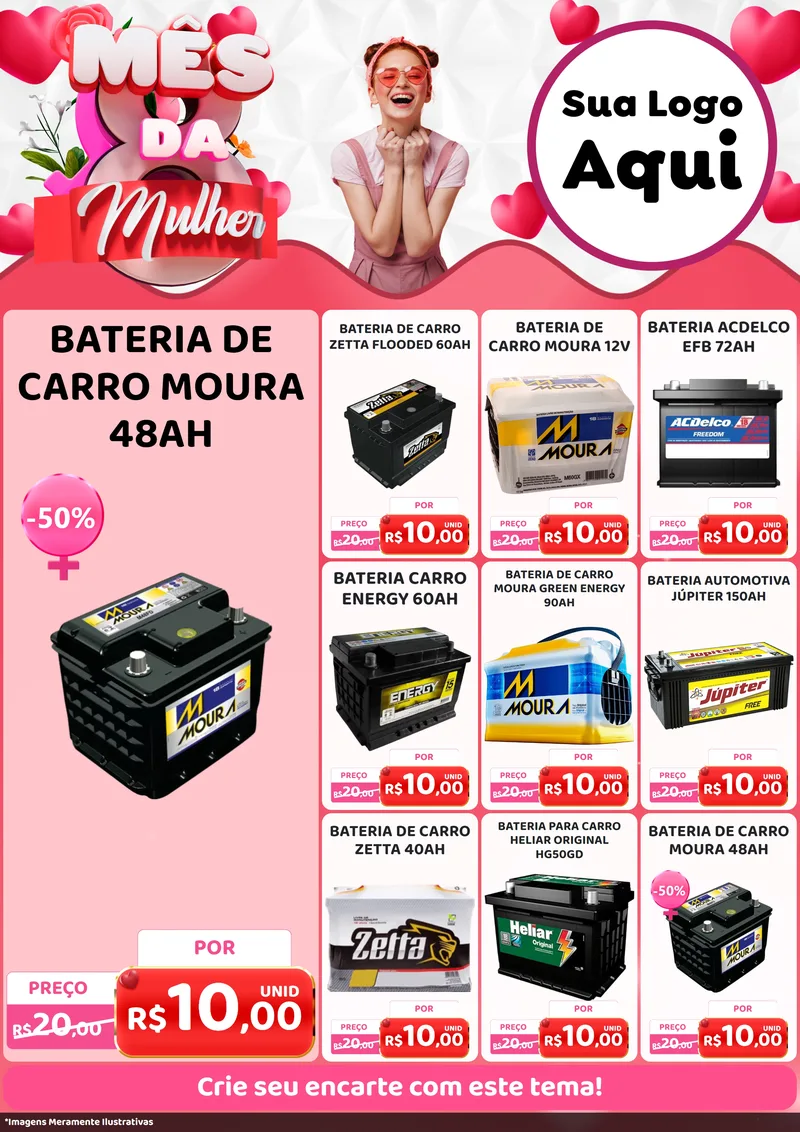 Modelo de Encarte para Encarte A4 Vertical com o tema Mês da Mulher para Baterias Elétricas