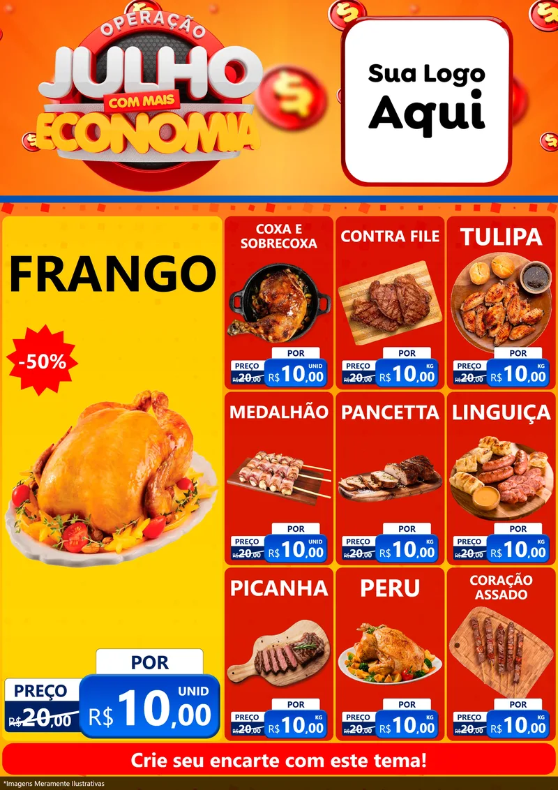 Modelo de Encarte para Encarte A4 Vertical com o tema Operação Julho Com Mais Economia para Assados
