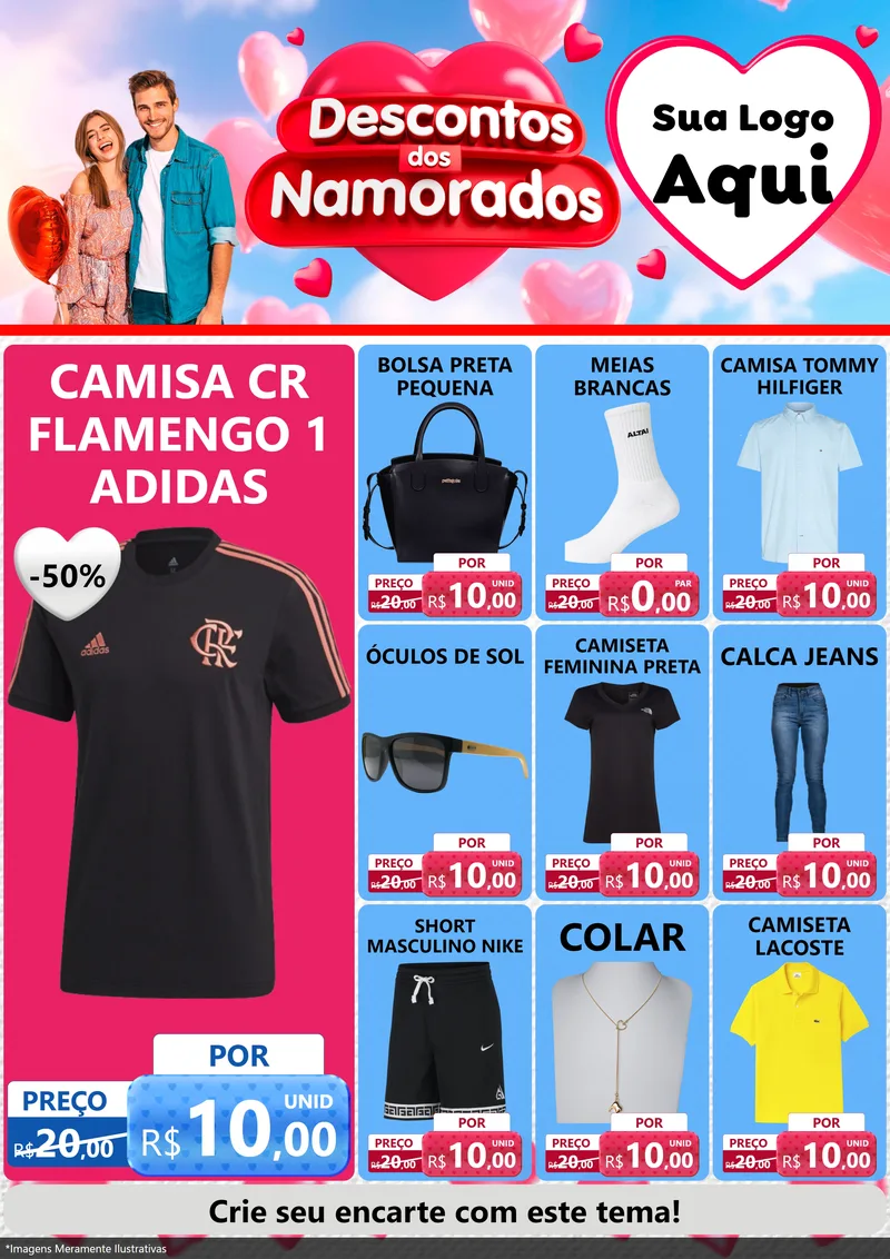 Modelo de Encarte para Encarte A4 Vertical com o tema Descontos dos Namorados para Roupas e acessórios