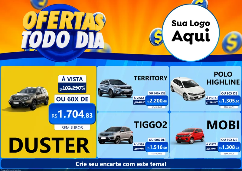 Modelo de Encarte para Encarte A4 Horizontal com o tema Ofertas Todo Dia para Concessionaria de Carros