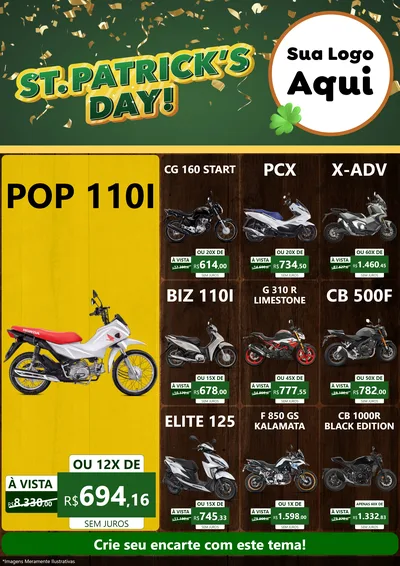 Modelo de Encarte para Encarte A4 Vertical com o tema St Patriks Day para Concessionaria de Motos