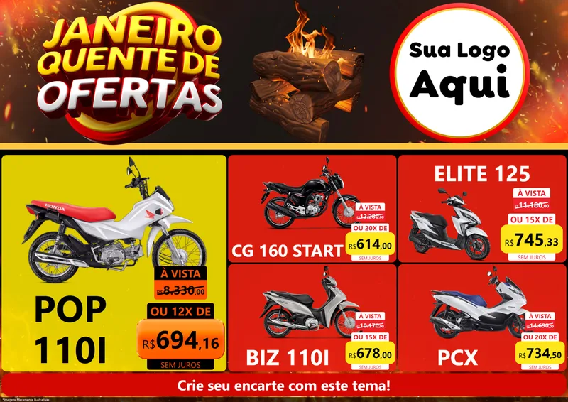 Modelo de Encarte para Encarte A4 Horizontal com o tema Janeiro Quente de Ofertas para Concessionaria de Motos