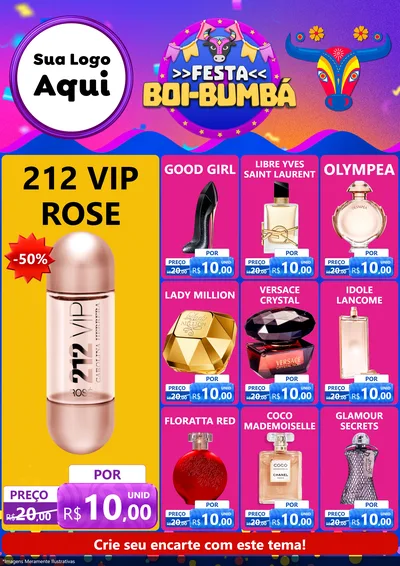 Modelo de Encarte para Encarte A4 Vertical com o tema Festa Boi-Bumbá para Perfumes