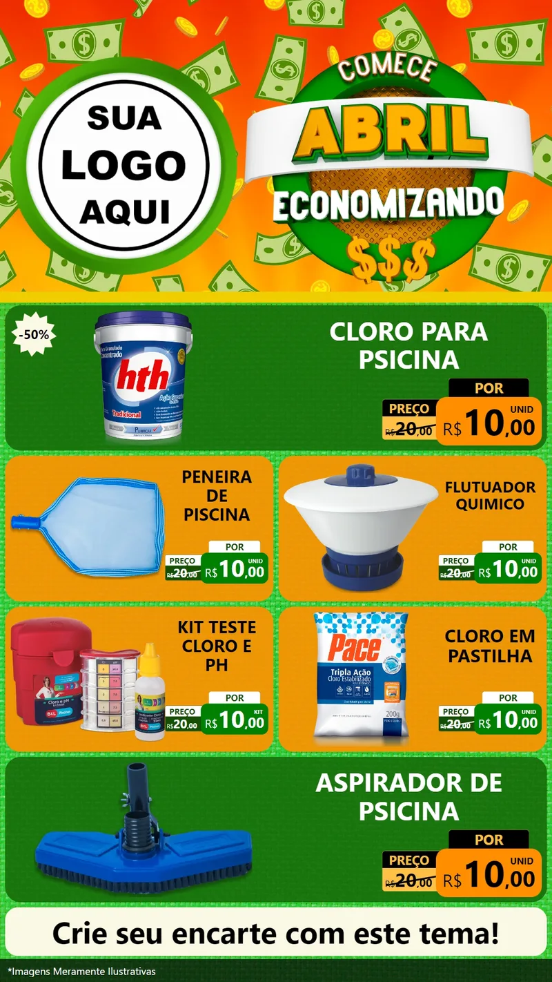Modelo de TV para TV Vertical com o tema Comece Abril Economizando para Produtos para Piscina