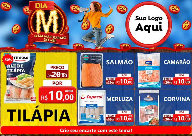 Modelo de Encarte para Encarte A4 Horizontal com o tema Dia M - O Dia Mais Barato Do Mês para Peixaria