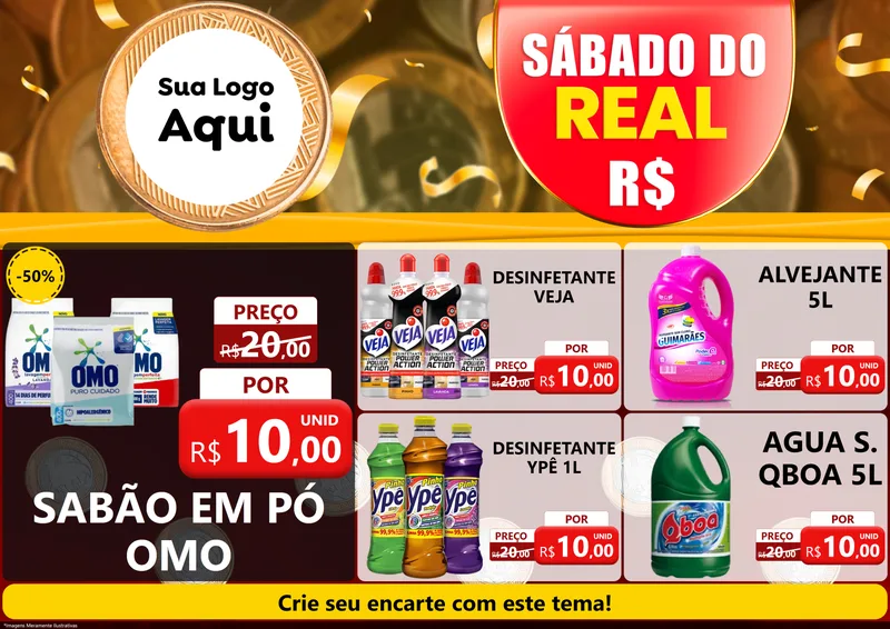 Modelo de Encarte para Encarte A4 Horizontal com o tema Sábado do Real para Produtos de Limpeza