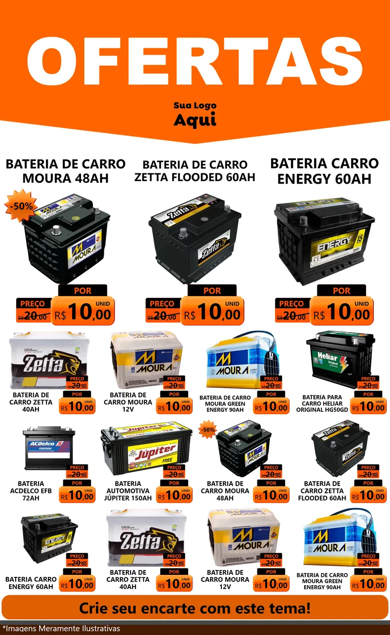 Modelo de Encarte para Encarte Grande com o tema Ofertas Laranja Cartaz para Baterias Elétricas